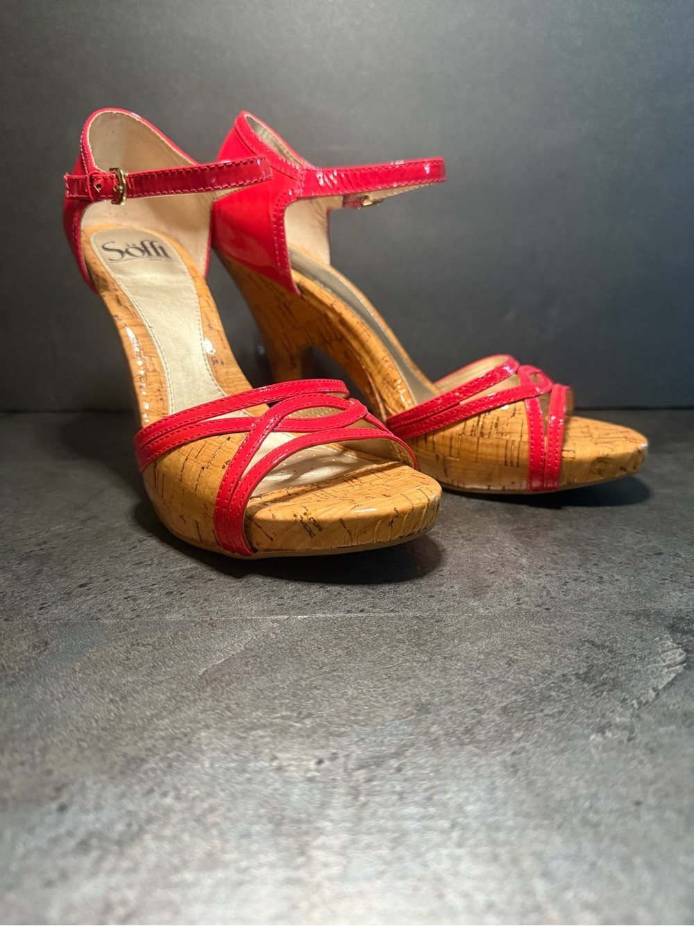 Sz 7 NWOT -Sofft Bright and Pink Cork Wedge Sandals with Ankle Strap